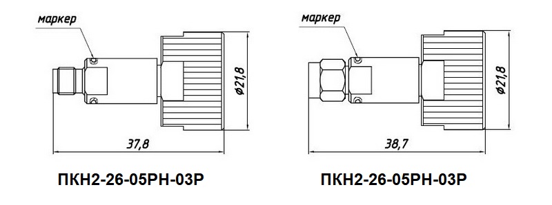Габаритные размеры и чертеж коаксиального перехода производства НПФ Микран и ПКН2-26-05РН-03Р